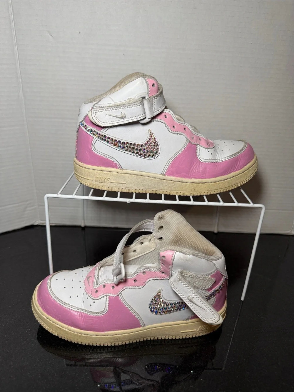 Nike Air Force 1 Mid White Pink Girls Custom Rhinestone Swoosh Sneakers Size 3Y